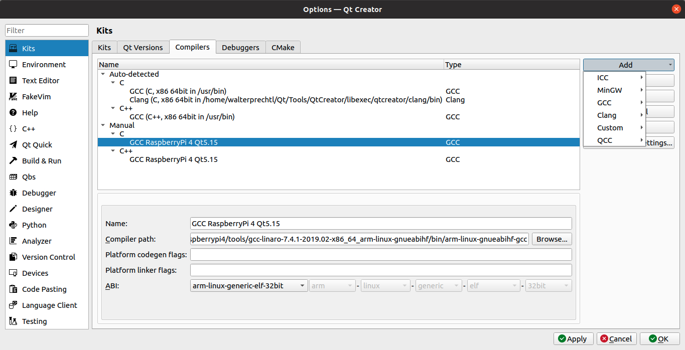 Indlejret software Raspberry Pi - Konfigurer Qt Creator på Ubuntu 20 LTS til krydskompilering af et skærmbillede af en computer