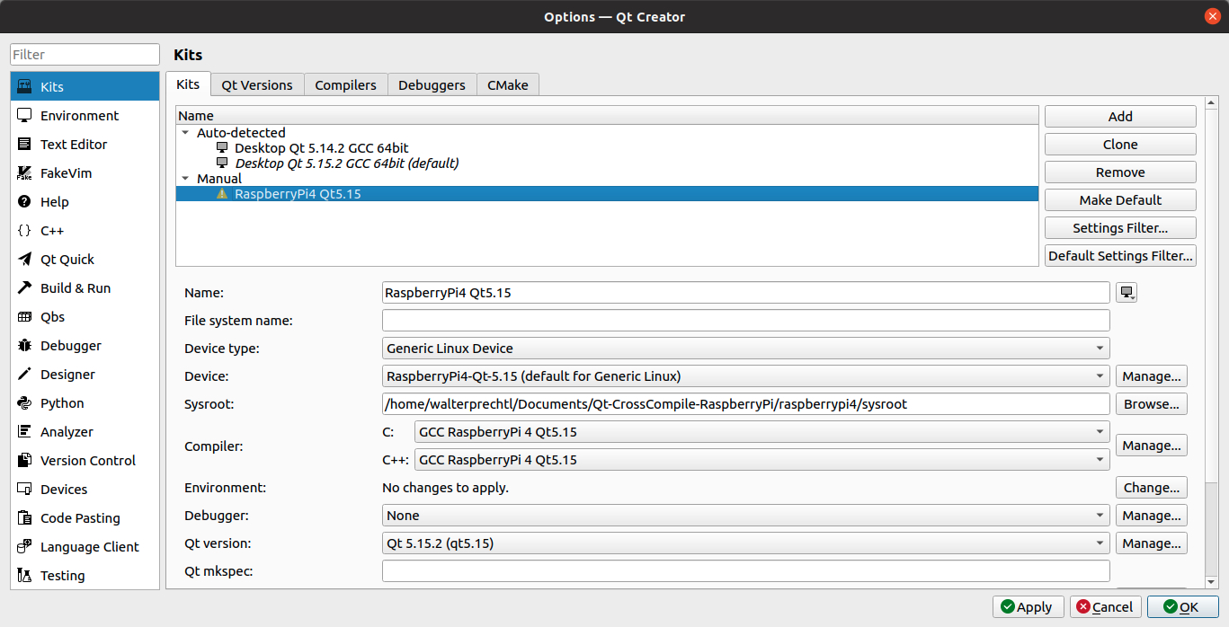 Indlejret software Raspberry Pi - Konfigurer Qt Creator på Ubuntu 20 LTS til krydskompilering af et skærmbillede af en computer