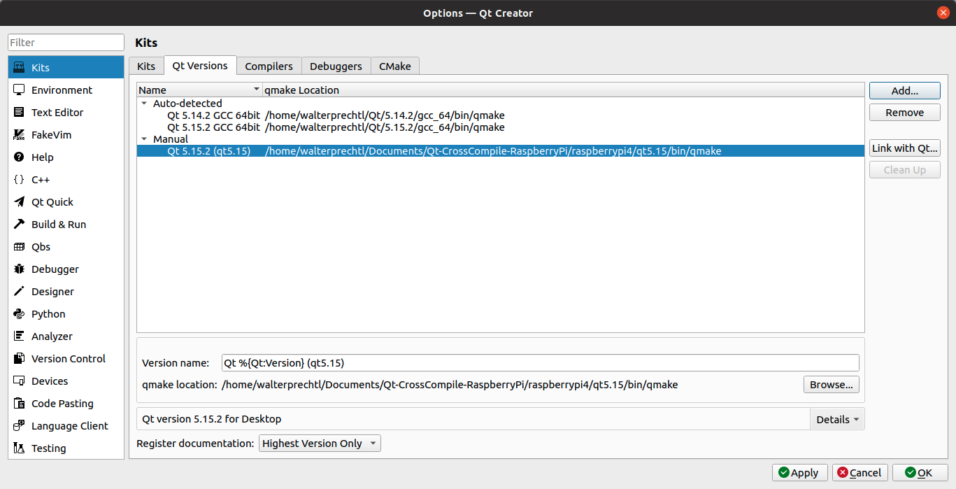 Indlejret software Raspberry Pi - Konfigurer Qt Creator på Ubuntu 20 LTS til krydskompilering af et skærmbillede af en computer