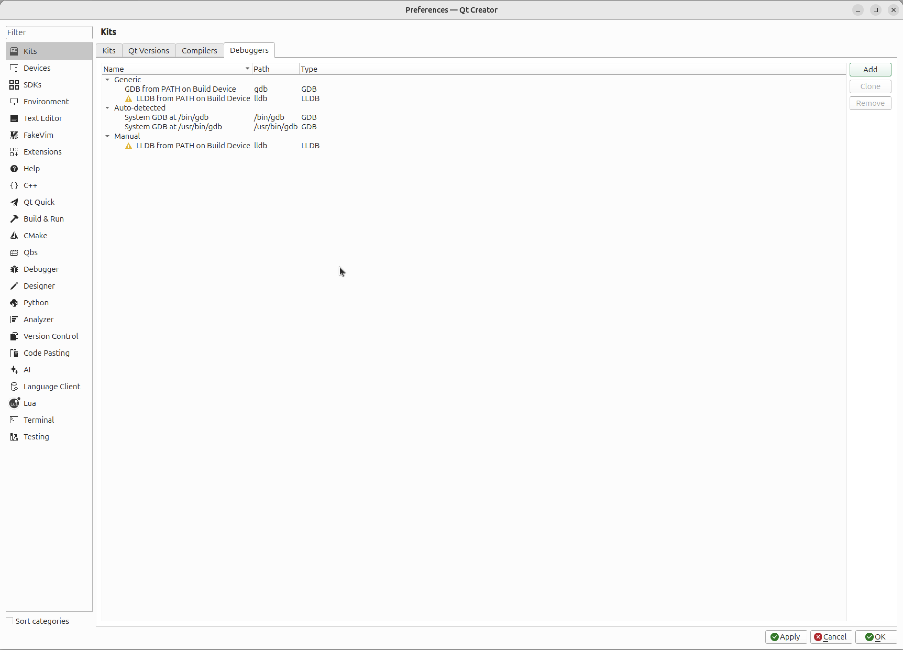 Debugger til QtCreator-indstillinger