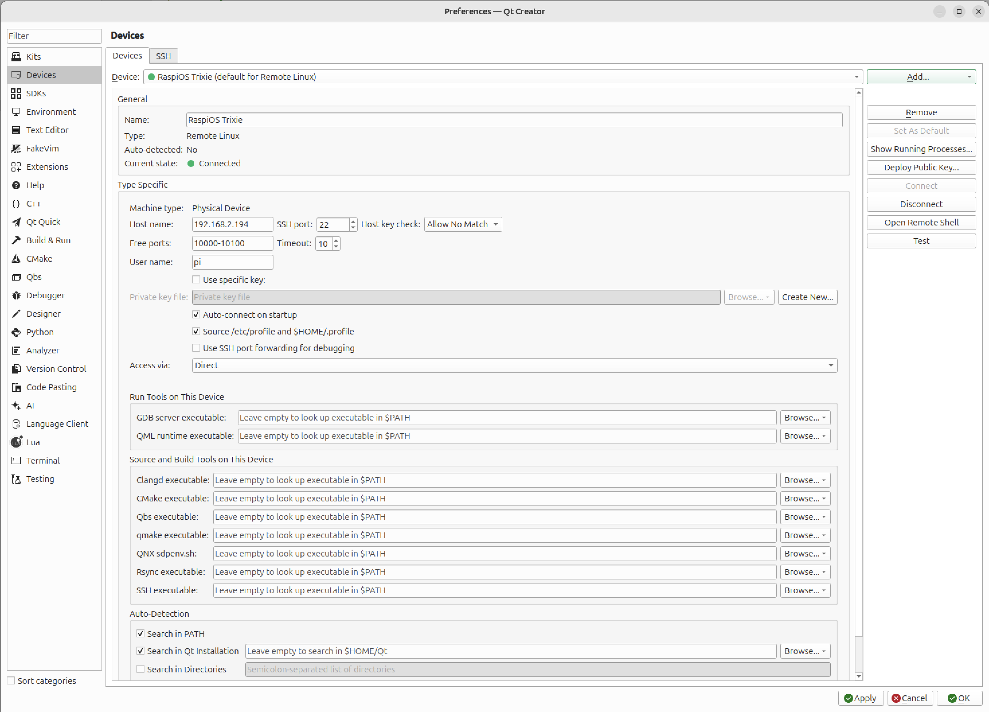 QtCreator-indstillinger for enheder