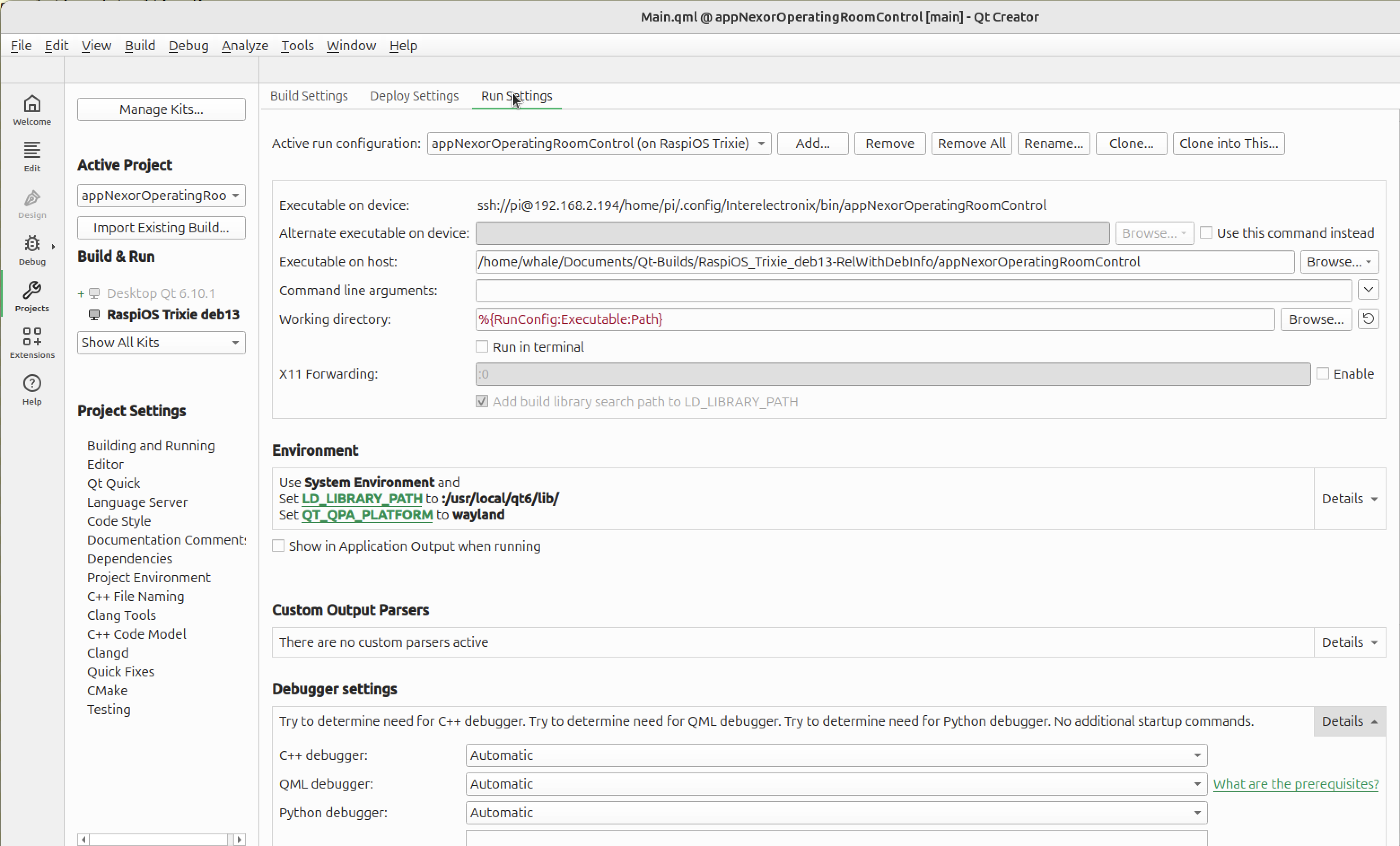 QtCreator-kørselsindstillinger