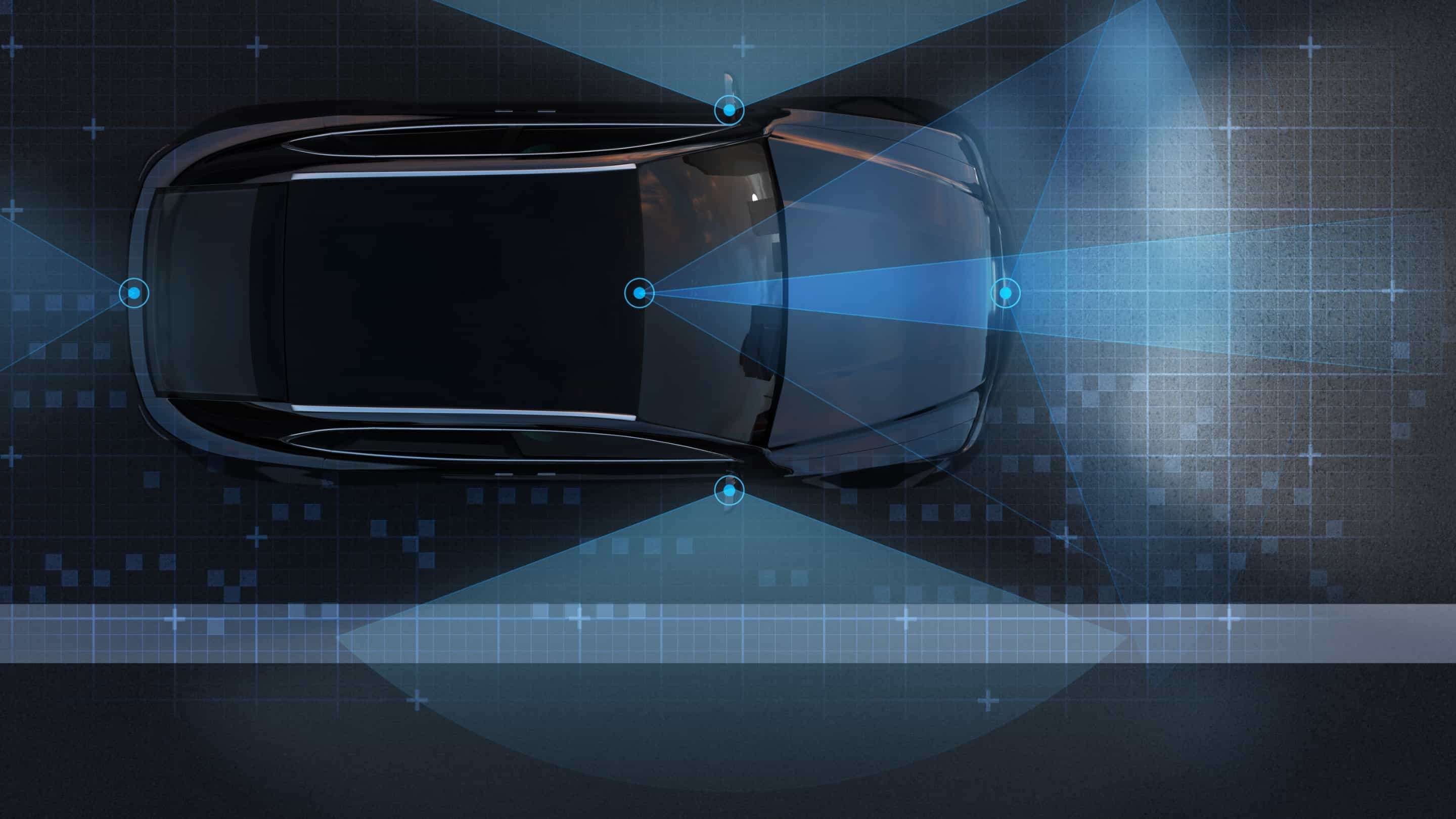 Impactinator® Glass - Verre de protection à capteur lidar une voiture avec des lignes et des points bleus