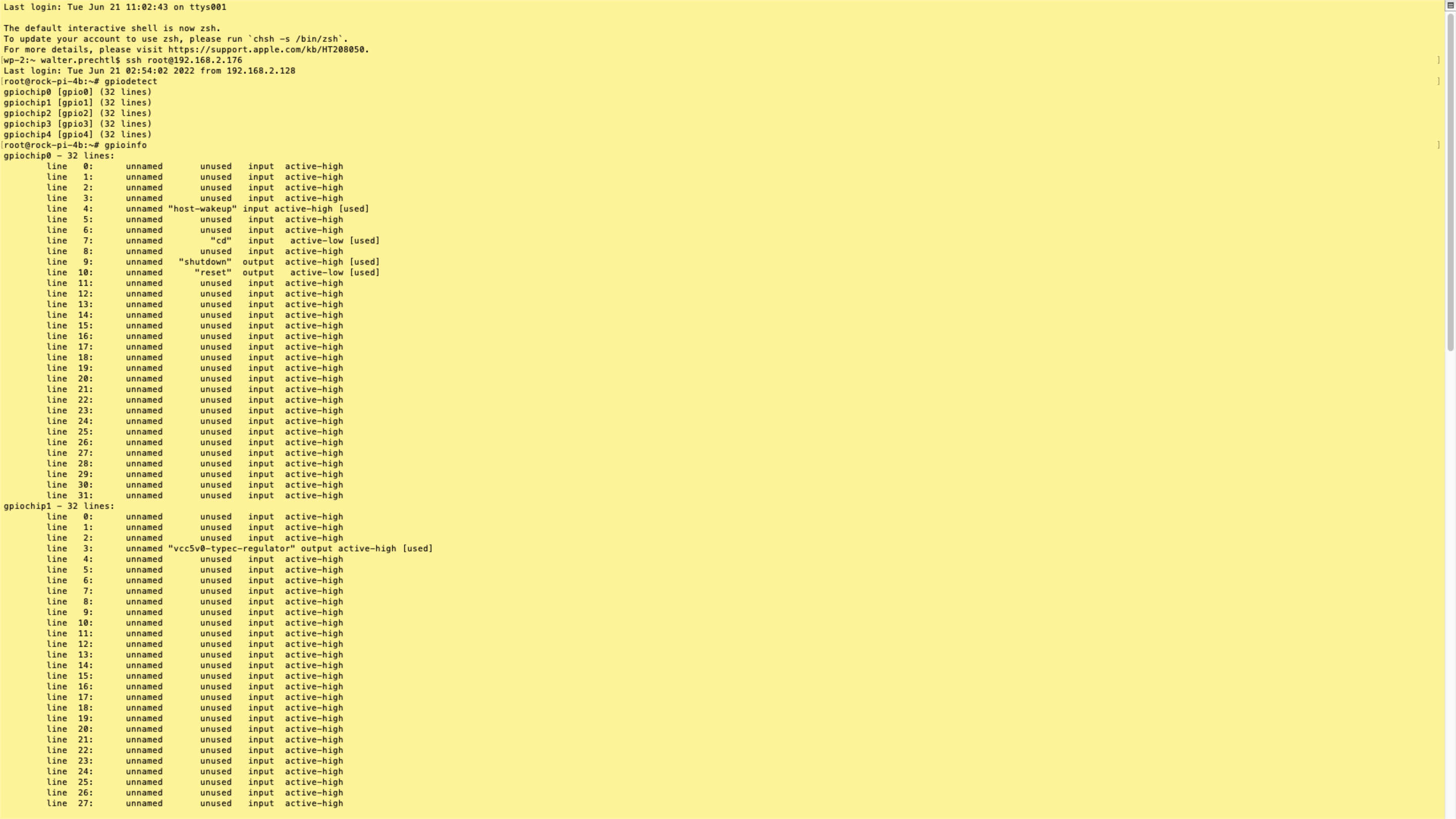 組み込みソフトウェア - 黄色の画面に黒いテキストが libgpiod 表示される