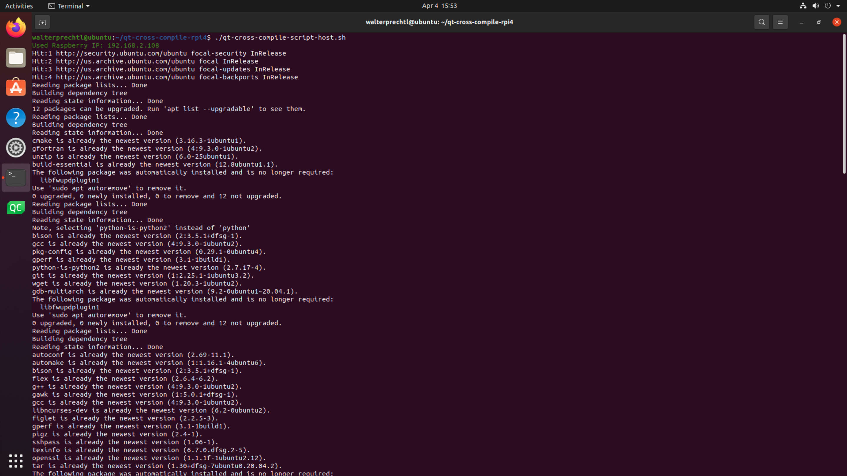 Inbäddad programvara - Qt korskompilera installationsskript för Raspberry Pi 4, en skärmdump av ett datorprogram